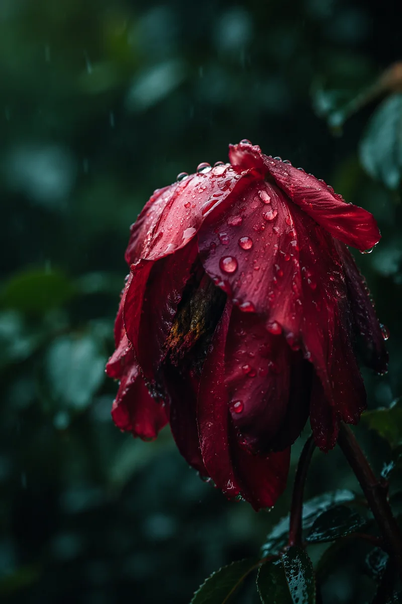 Wilting Red Flower in Gentle Rain