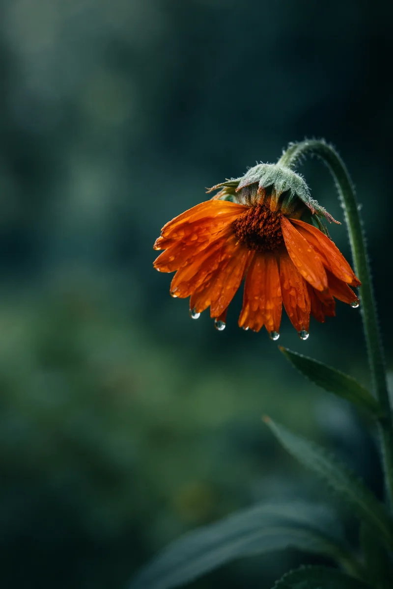 Wilting Orange Flower in Gentle Rain