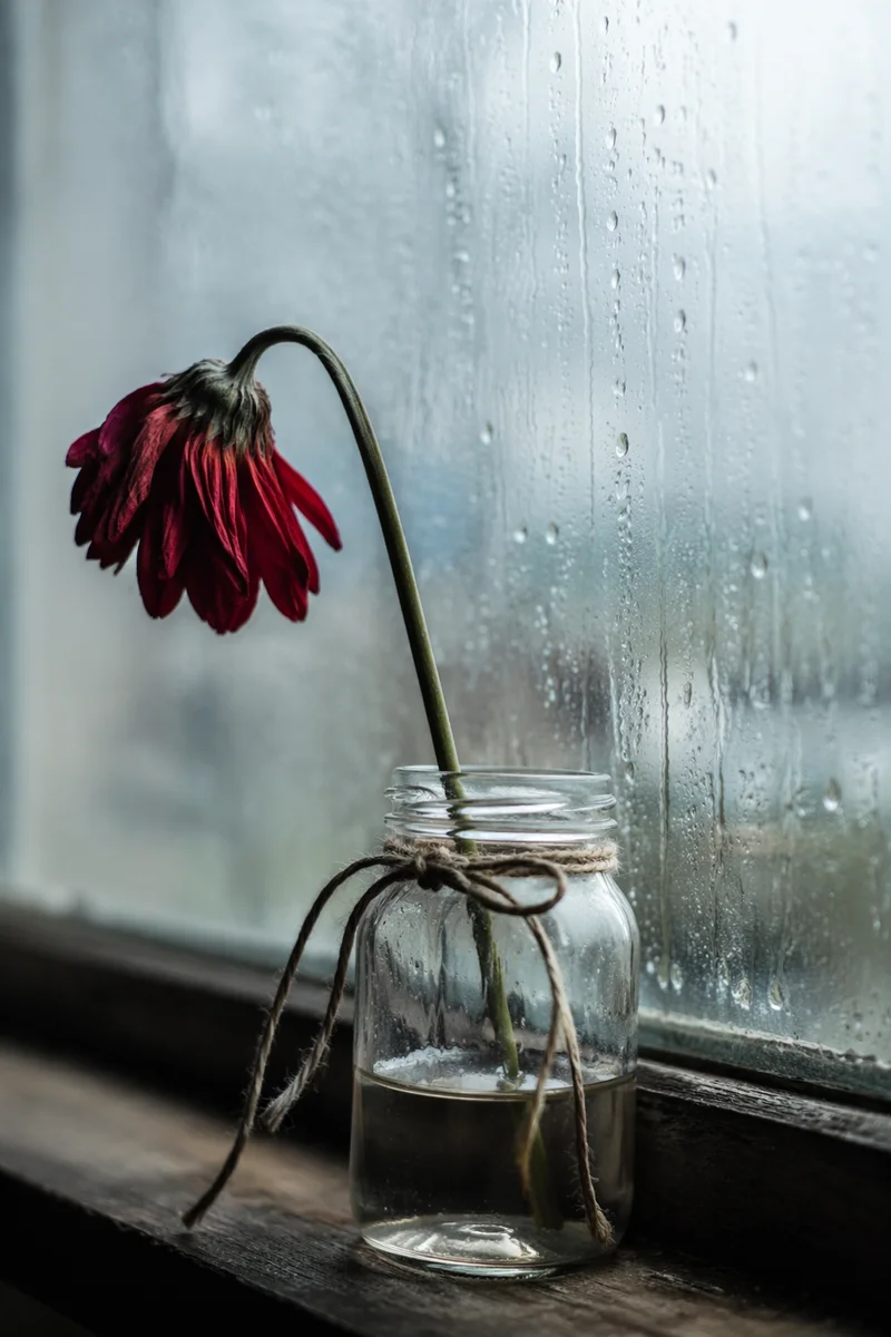 Wilting Red Flower by Rainy Window