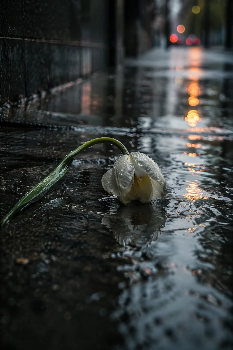 Wilting White Tulip on Rainy Pavement