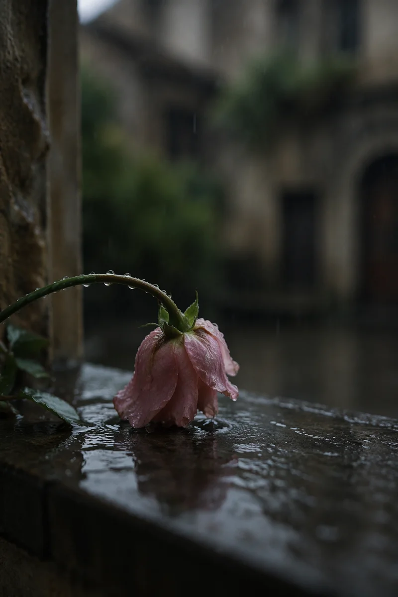 Wilting Pink Flower in Quiet Rain