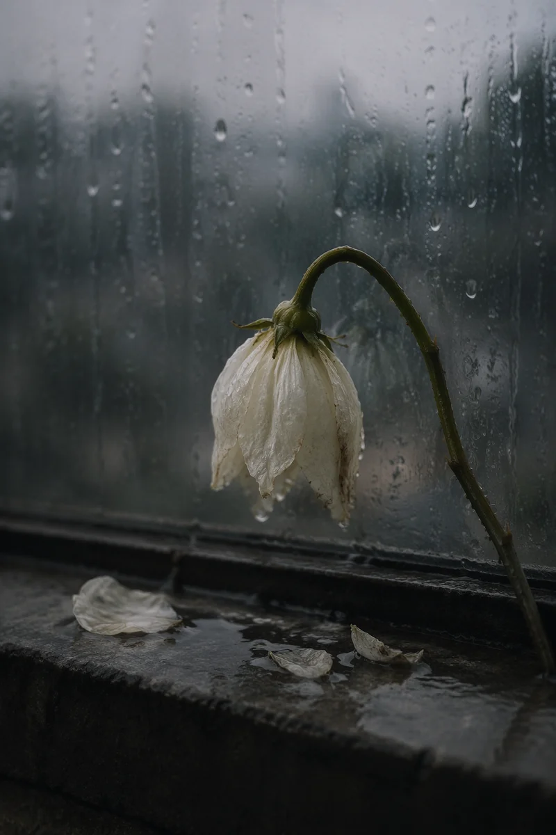 Wilting White Flower in Rainy Silence