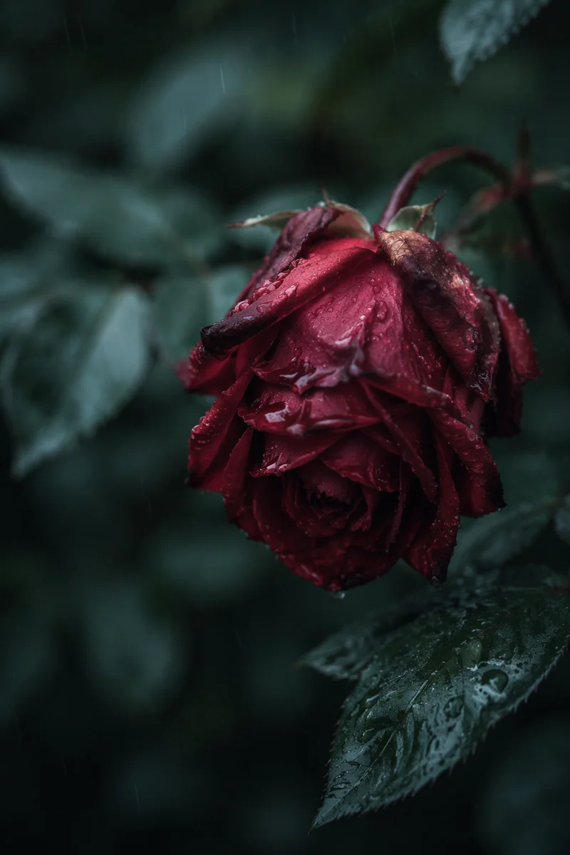 Wilting Red Rose in Gentle Rain