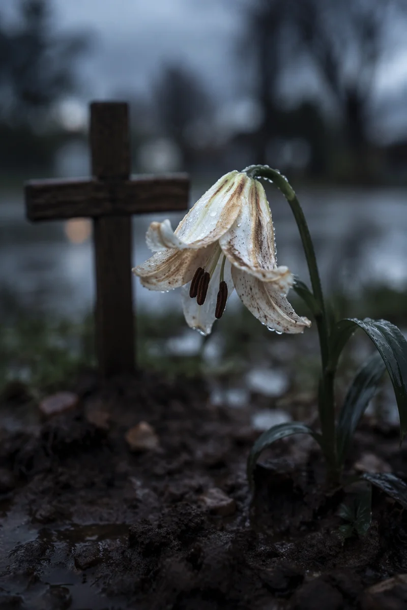 Wilting Lily in Rain by Wooden Cross