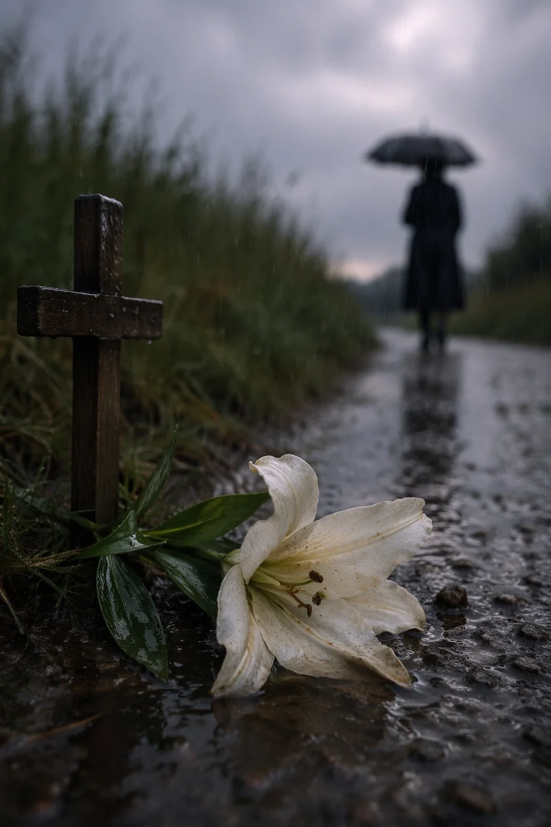 Wilting White Lily Beside Rainy Cross