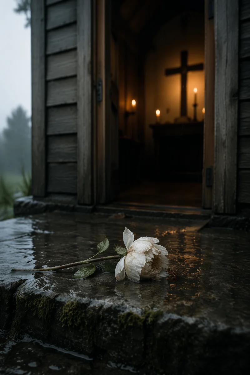 Wilting White Flower Outside Rainy Chapel