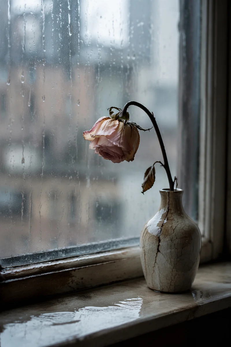 Wilting Rose on Rainy Windowsill