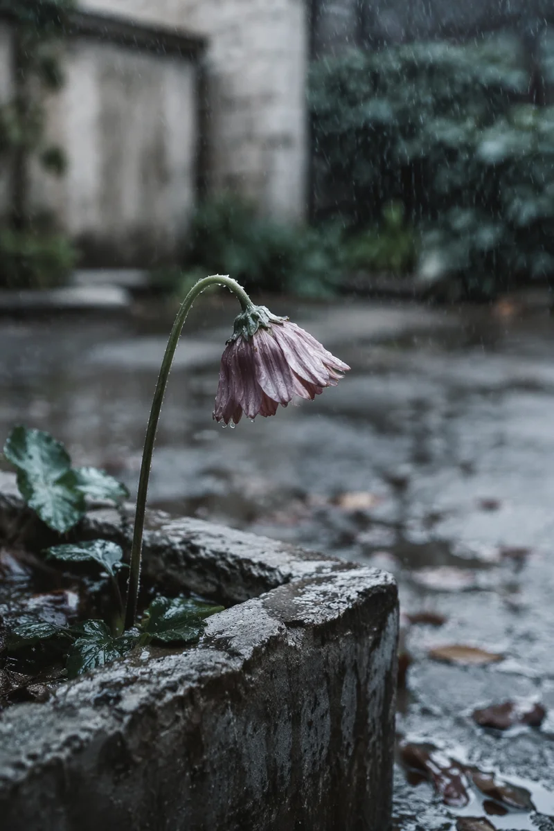 Single Wilting Flower in Rain