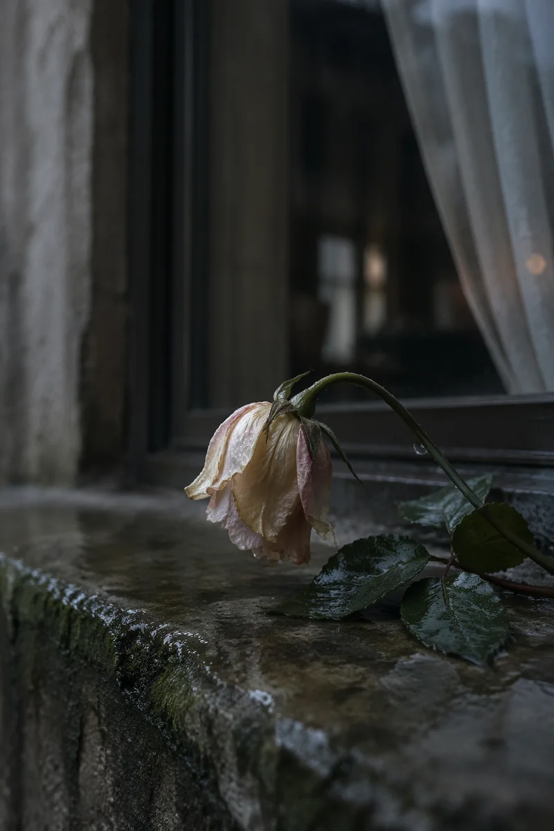 Wilting Flower on Rainy Windowsill