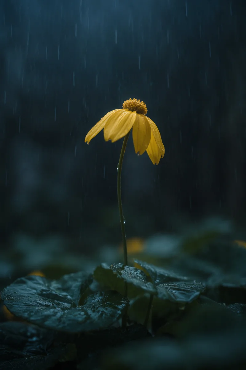 Wilting Yellow Flower in Rain