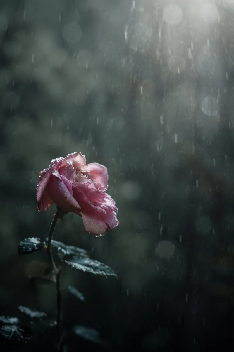 Wilting Pink Flower in Rainy Garden