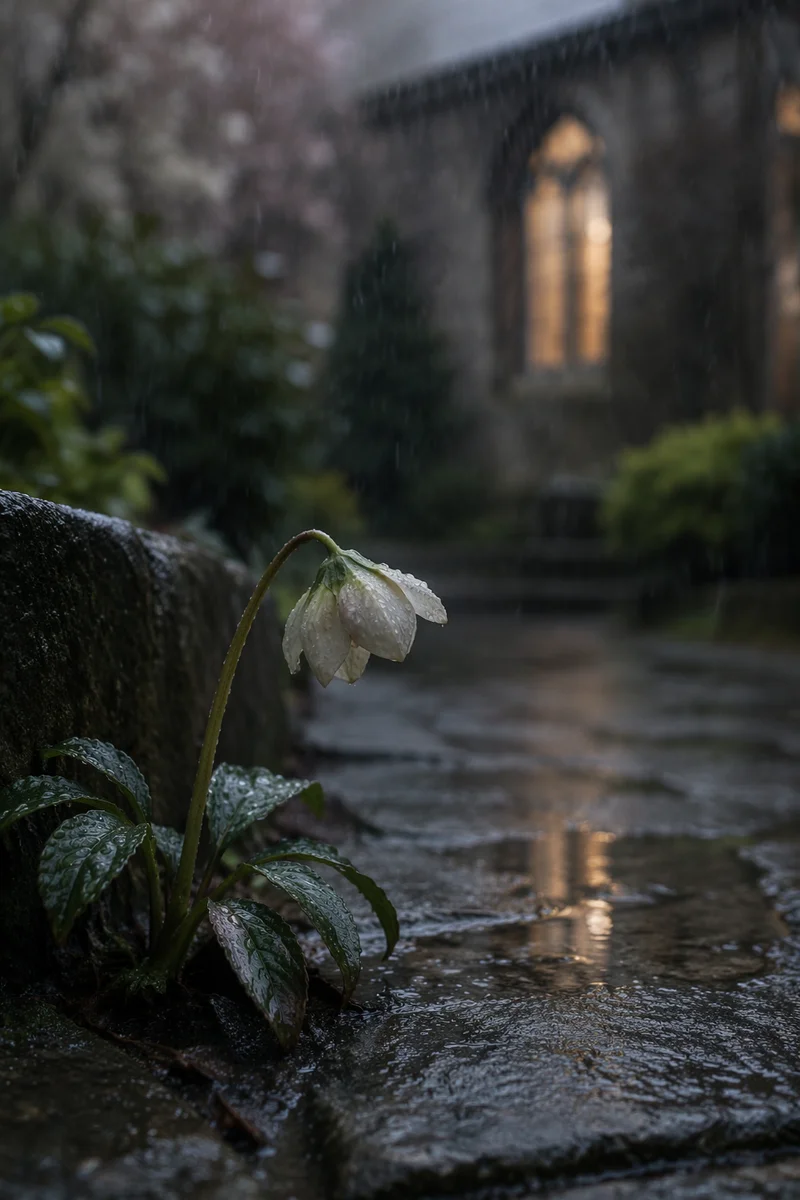 Wilting White Flower in Gentle Rain