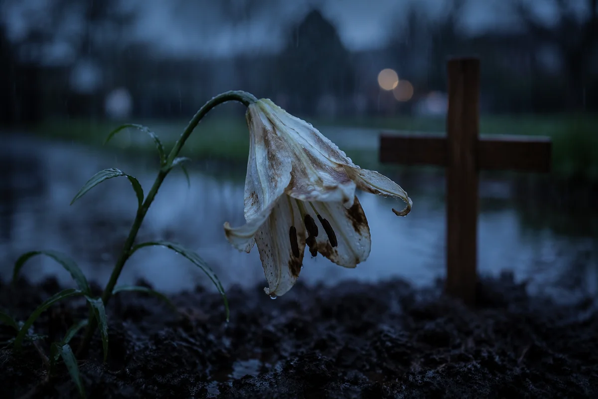 Wilting Lily in Rain Beside Wooden Cross
