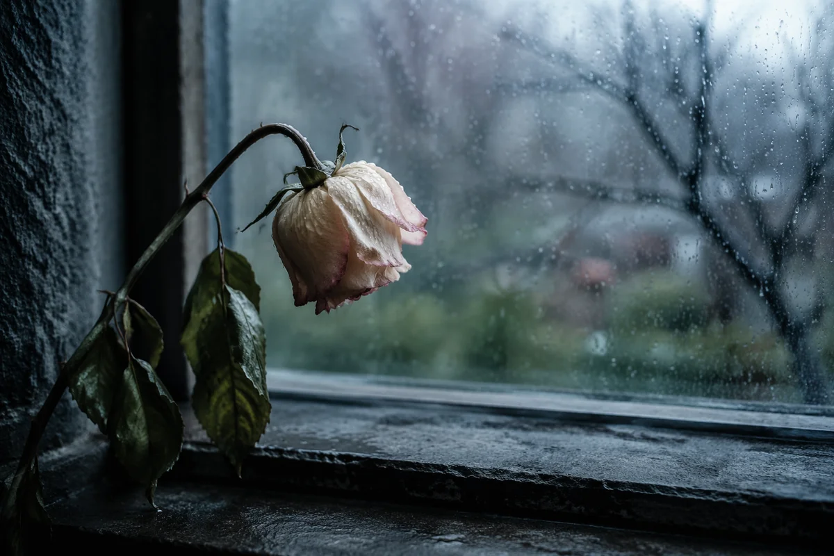 Wilting Pale Rose in Cold Rain