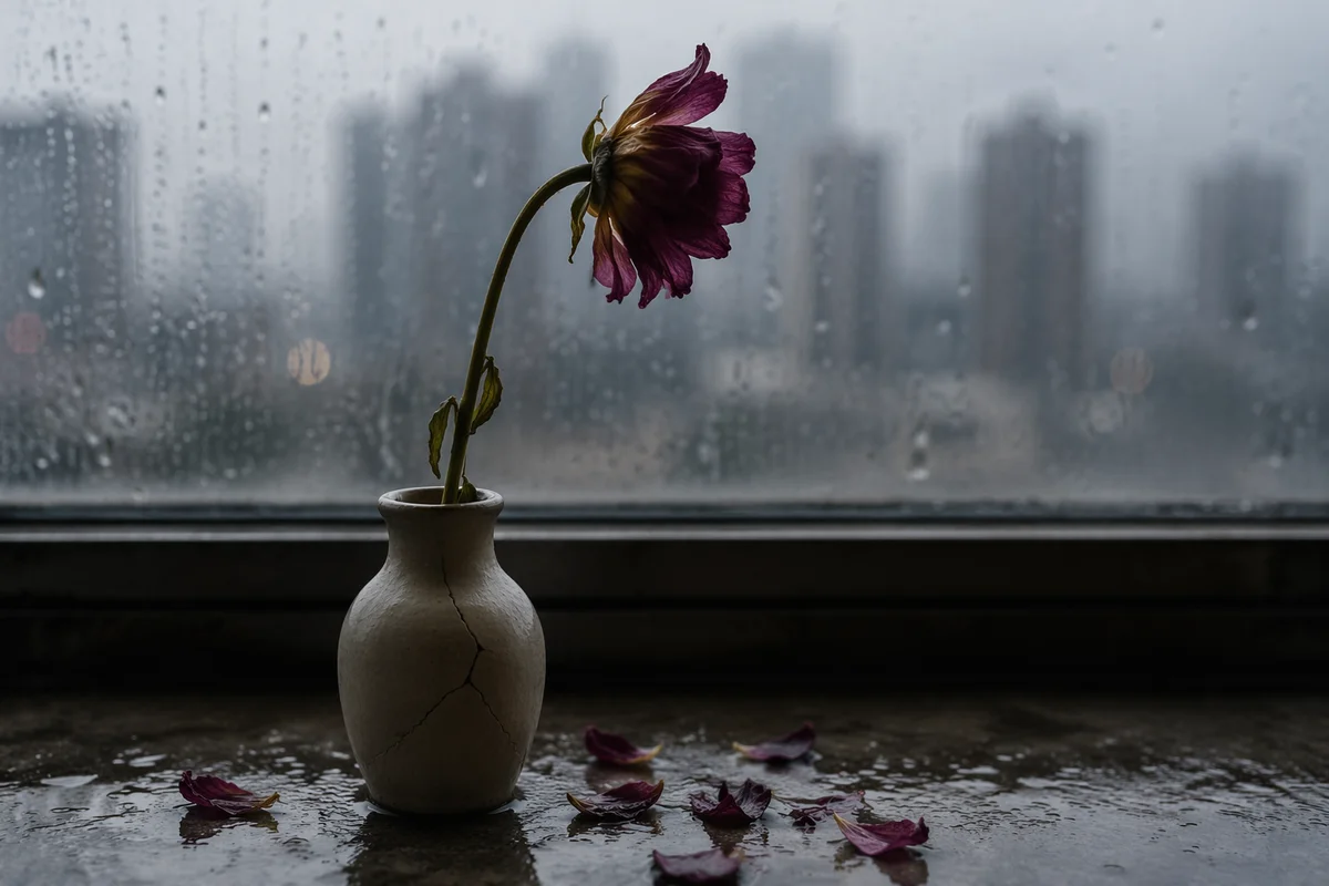 Wilting Flower on Rainy Windowsill
