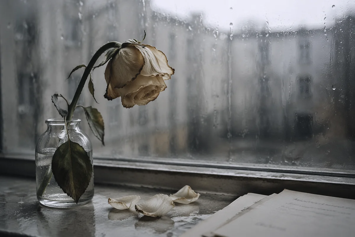 Wilting Rose on Rainy Windowsill