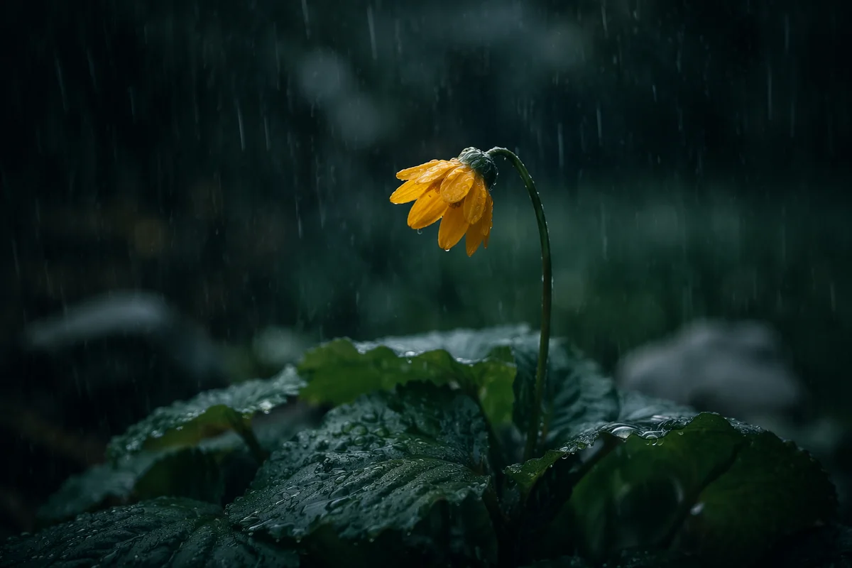 Wilting Yellow Flower in Gentle Rain