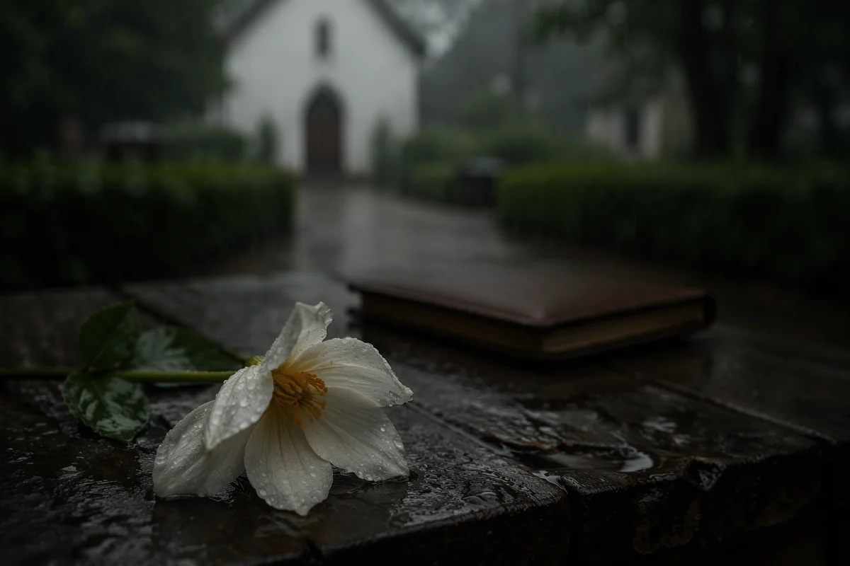 Wilting White Flower in Chapel Rain
