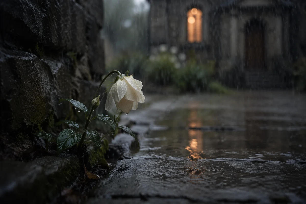 Wilting White Flower in Gentle Rain