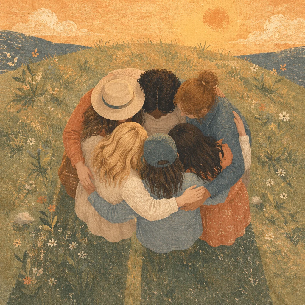 Friends Group Hug at Golden Hour