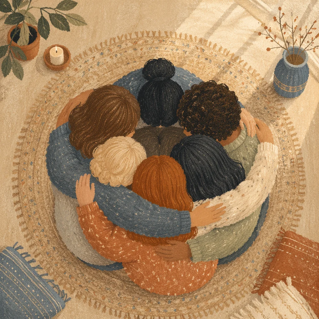 Supportive Friends Group Hug from Above