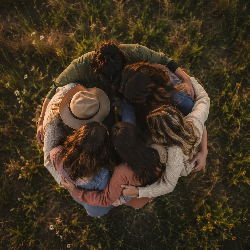 Friends Group Hug on Grassy Hill