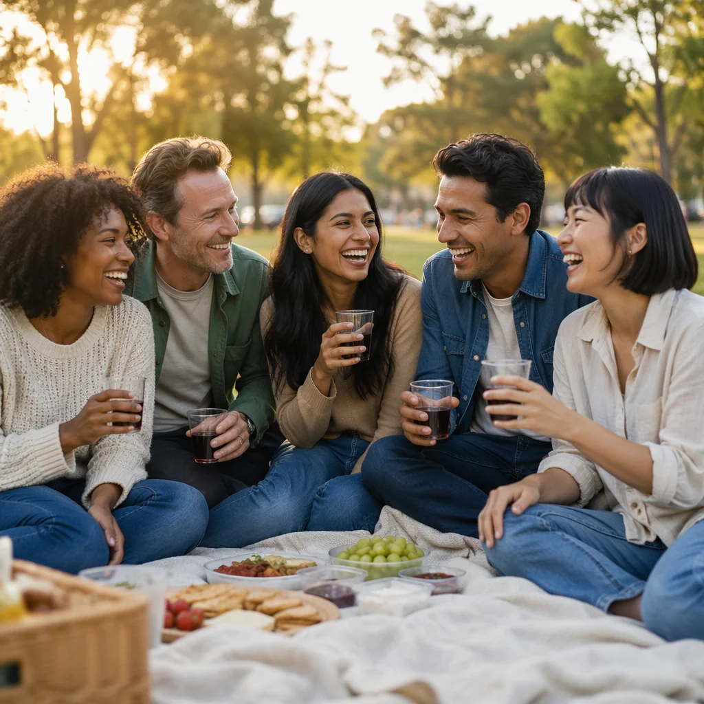 Friends Laughing on Picnic Blanket in Park