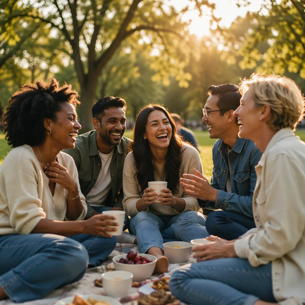Five Friends Laughing at Park Picnic