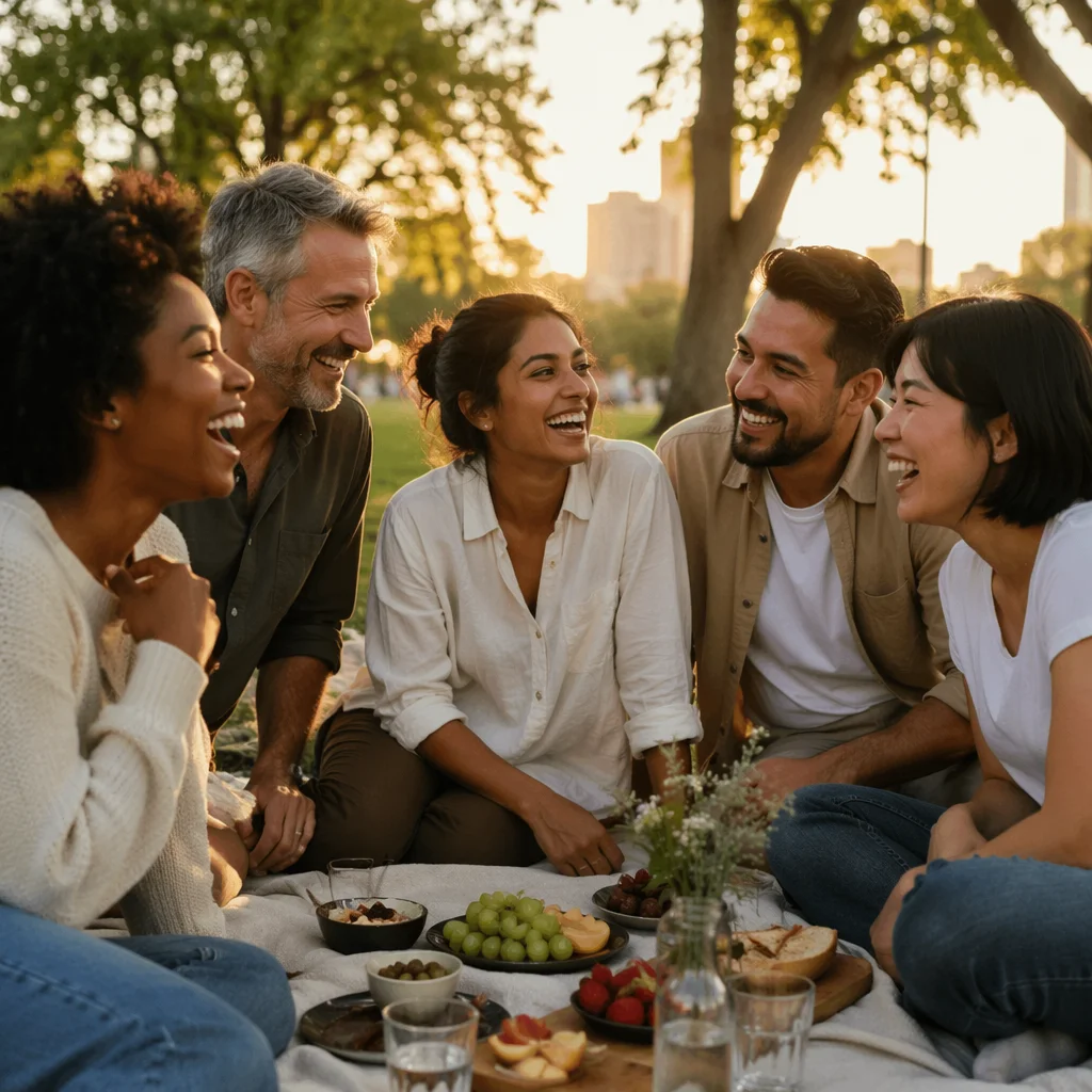 Five Friends Laughing at Park Picnic