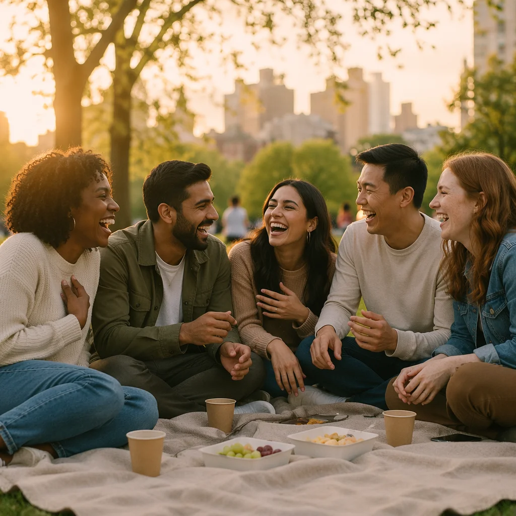 Five Friends Laughing at Park Picnic