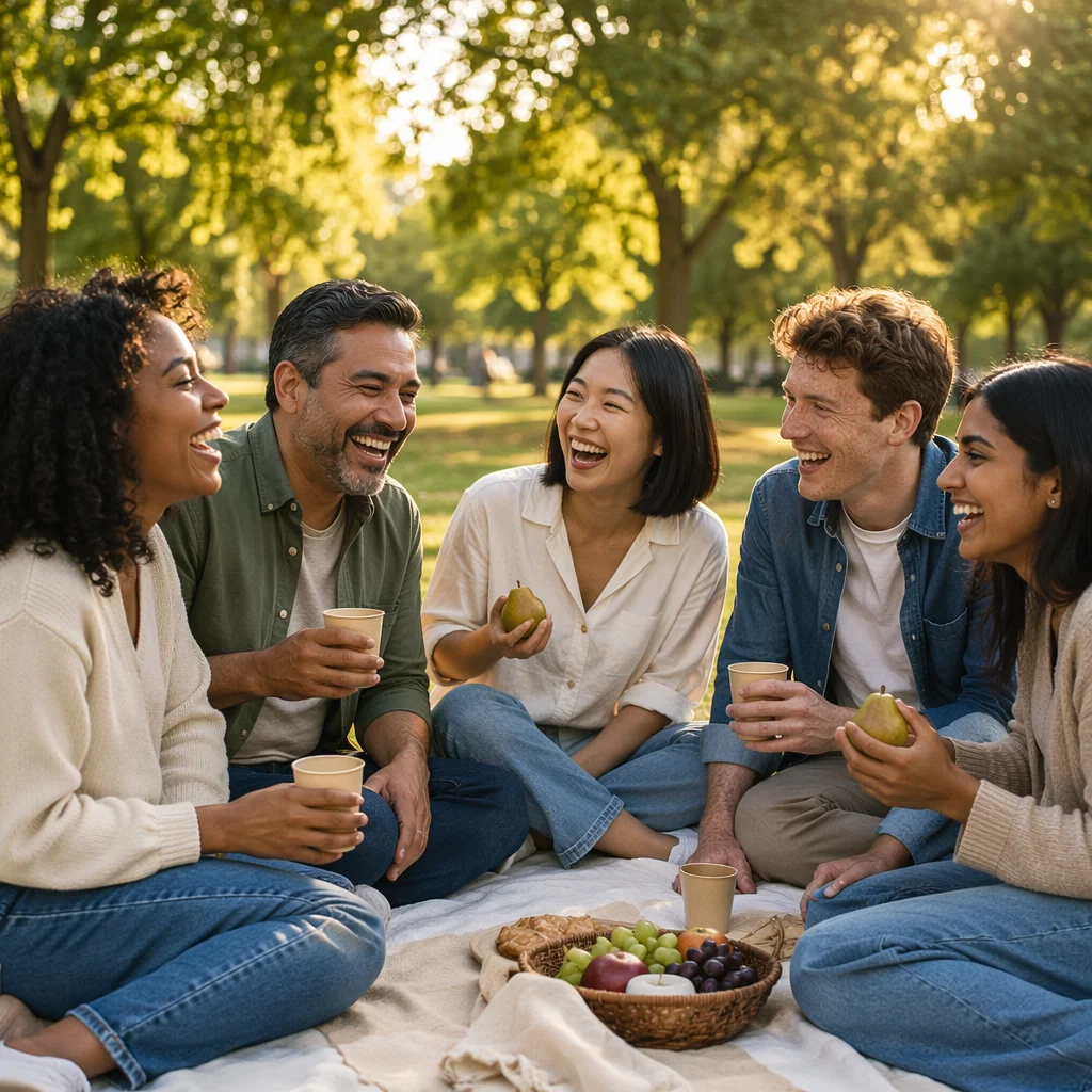 Five Friends Laughing at Park Picnic