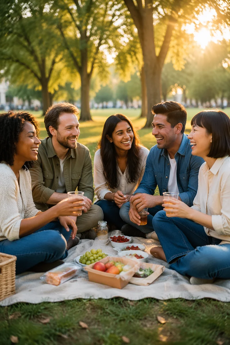 Five Friends Laughing on Picnic Blanket
