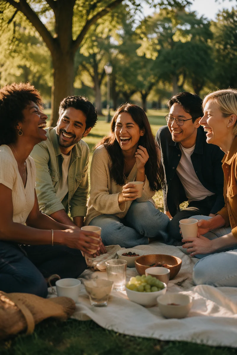 Five Friends Laughing at Park Picnic