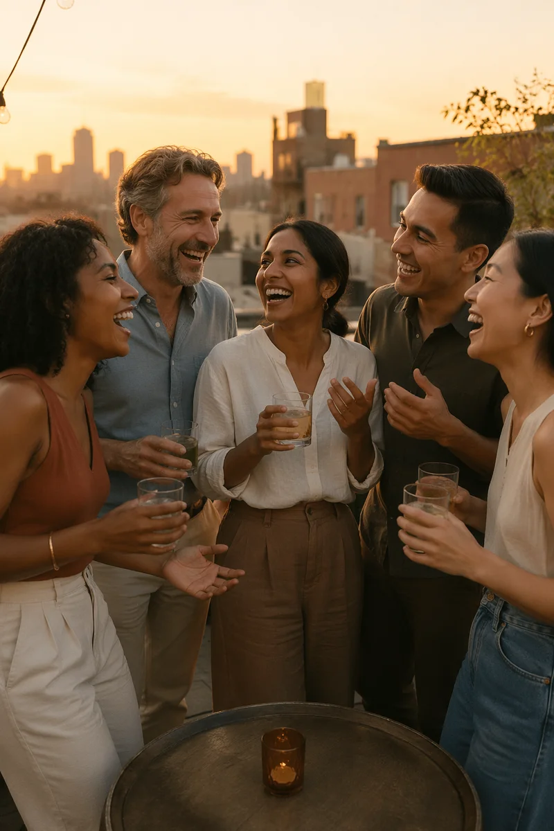 Five Friends Laughing on Rooftop at Sunset