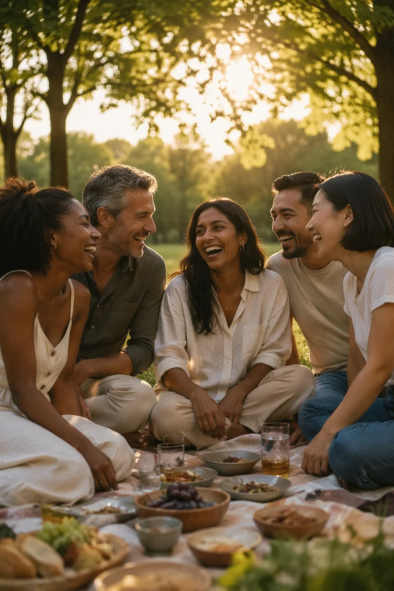 Friends Laughing at Park Picnic