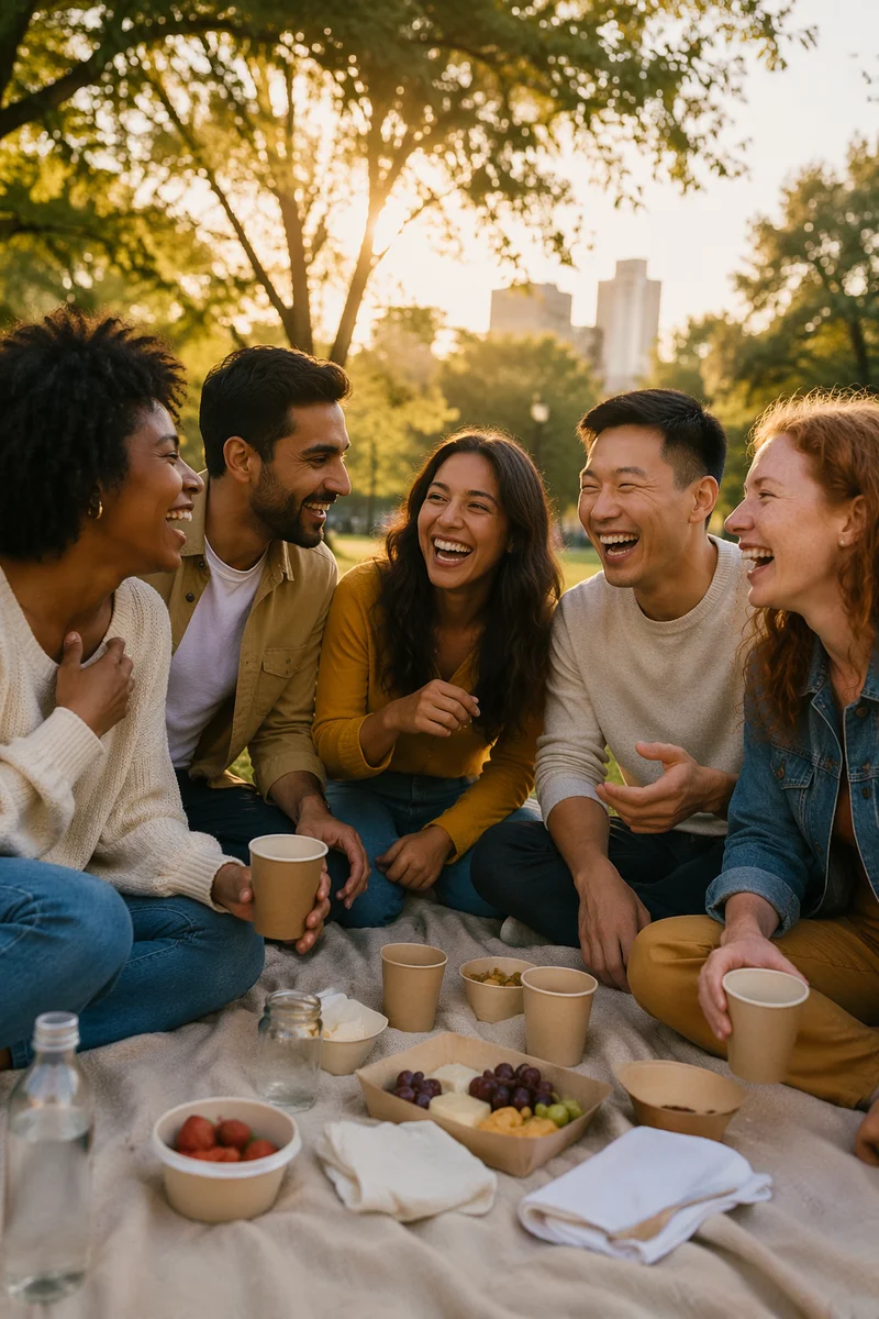 Five Friends Laughing at Park Picnic