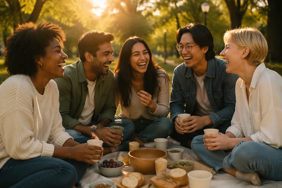 Five Friends Laughing at Park Picnic