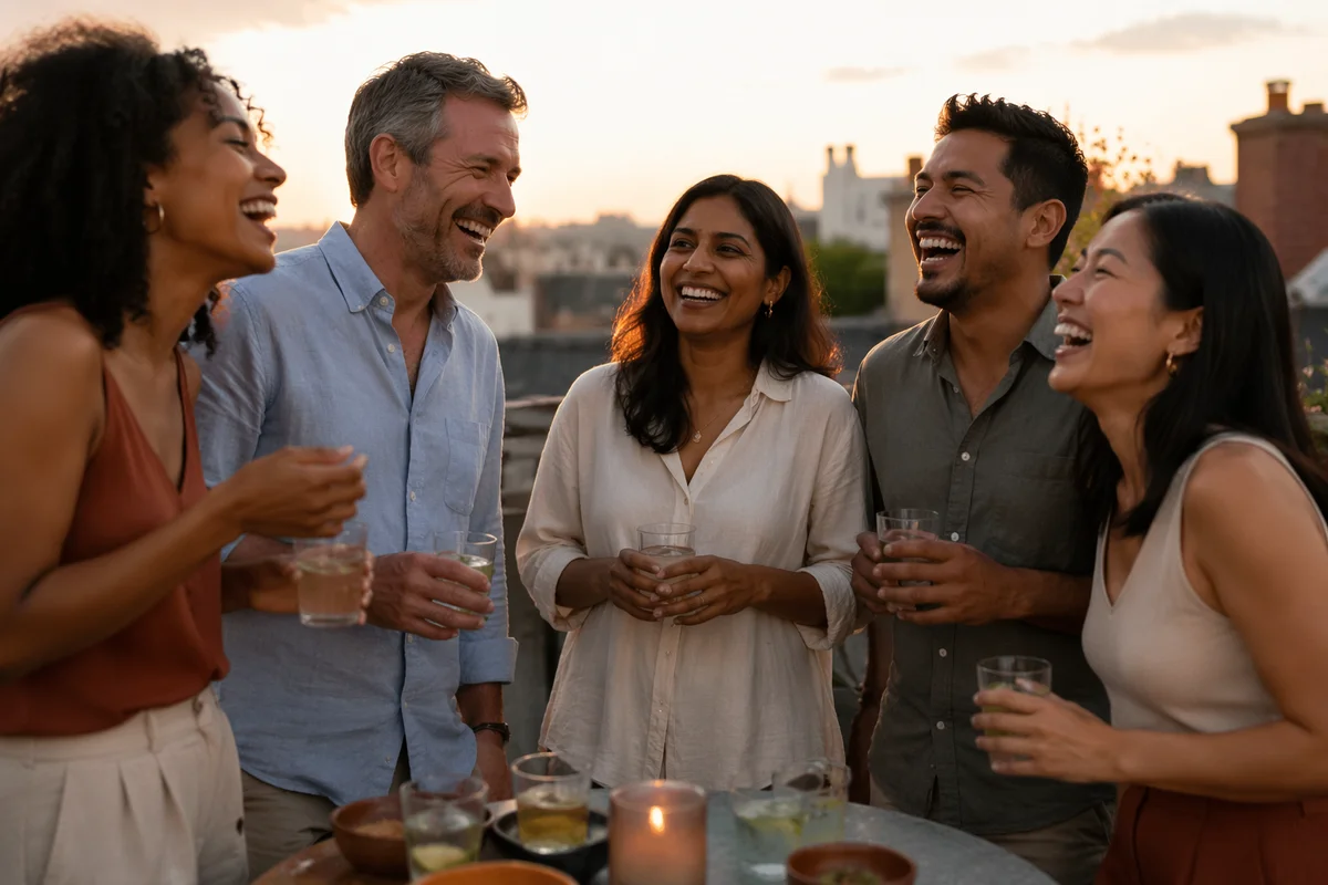 Five Friends Laughing on Rooftop at Sunset