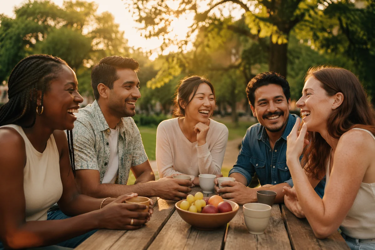 Friends Laughing at Picnic Table in Park