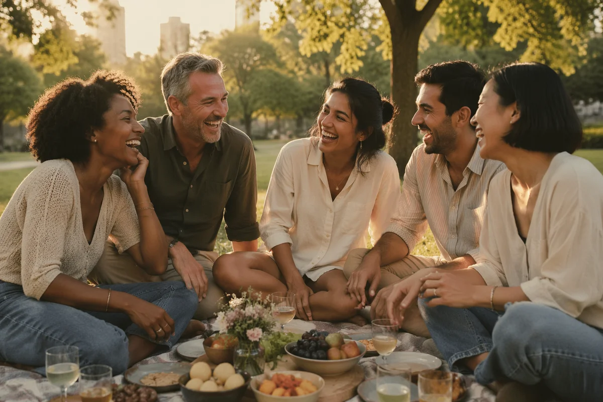 Friends Laughing Together at Park Picnic