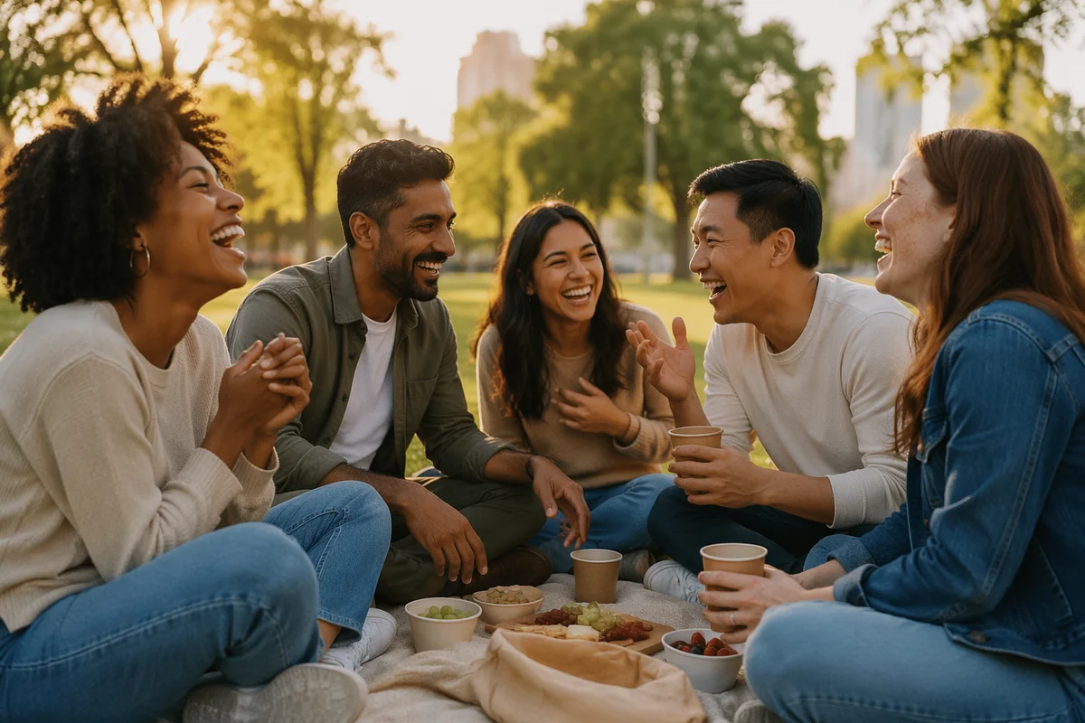 Friends Laughing Together at Park Picnic