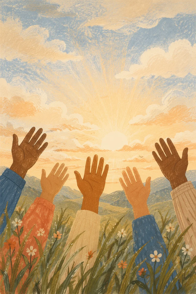 Raised Hands Toward Sunrise Sky