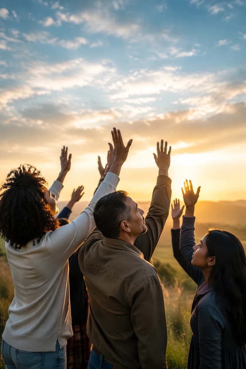 Hands Raised Toward Sunrise Sky