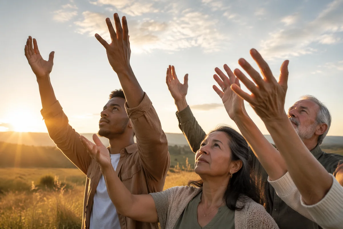 Hands Raised to Dawn Sky