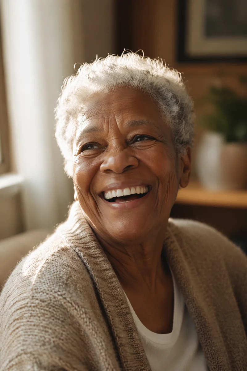 Joyful Elderly Woman Laughing by Window