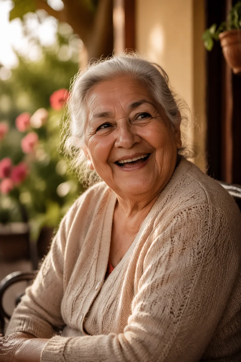 Joyful Elderly Woman Laughing on Porch