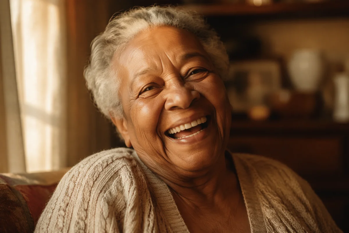 Laughing Elderly Woman by Sunlit Window