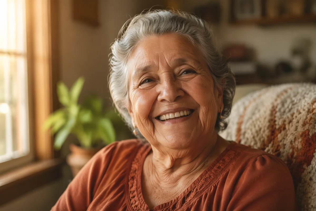 Laughing Elderly Woman by Sunlit Window