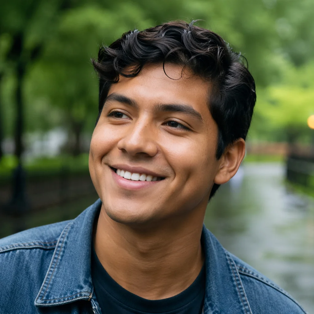 Smiling Young Man in Rainy Park