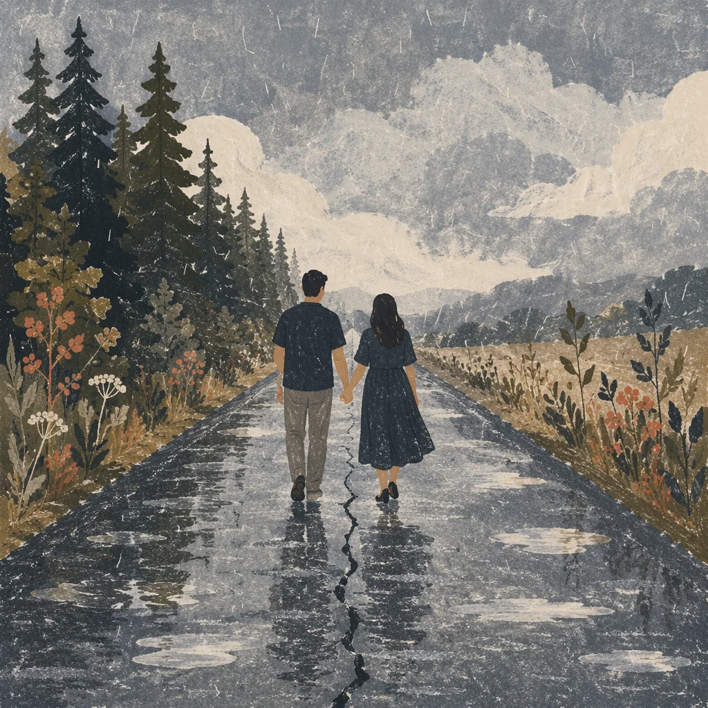 Couple Holding Hands Through Stormy Road